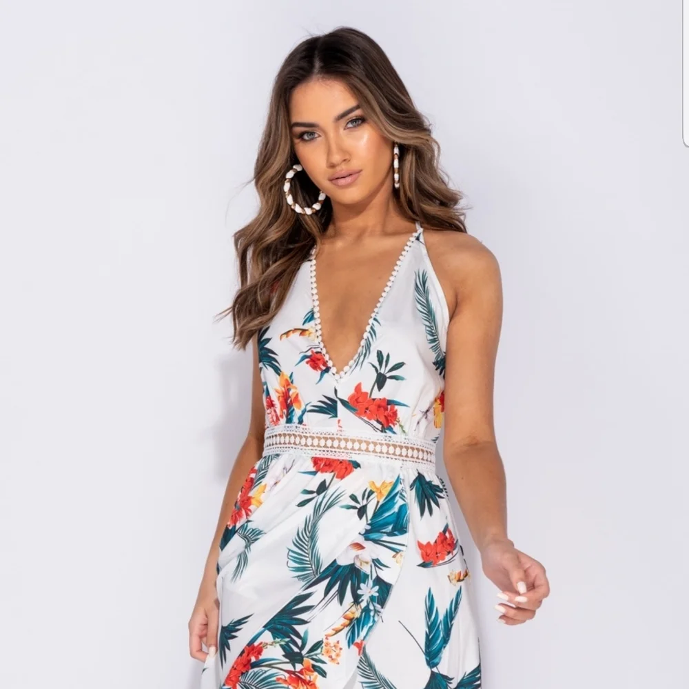 Floral Halter Maxi Dress in White with Tropical Print